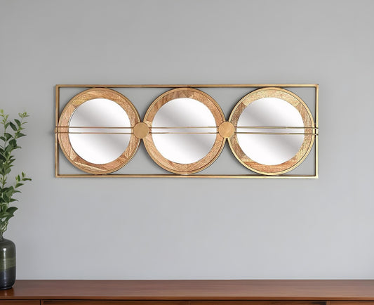 14" Brown and Gold Aluminum and Wood Geometric Framed Accent Mirror - Homeroots