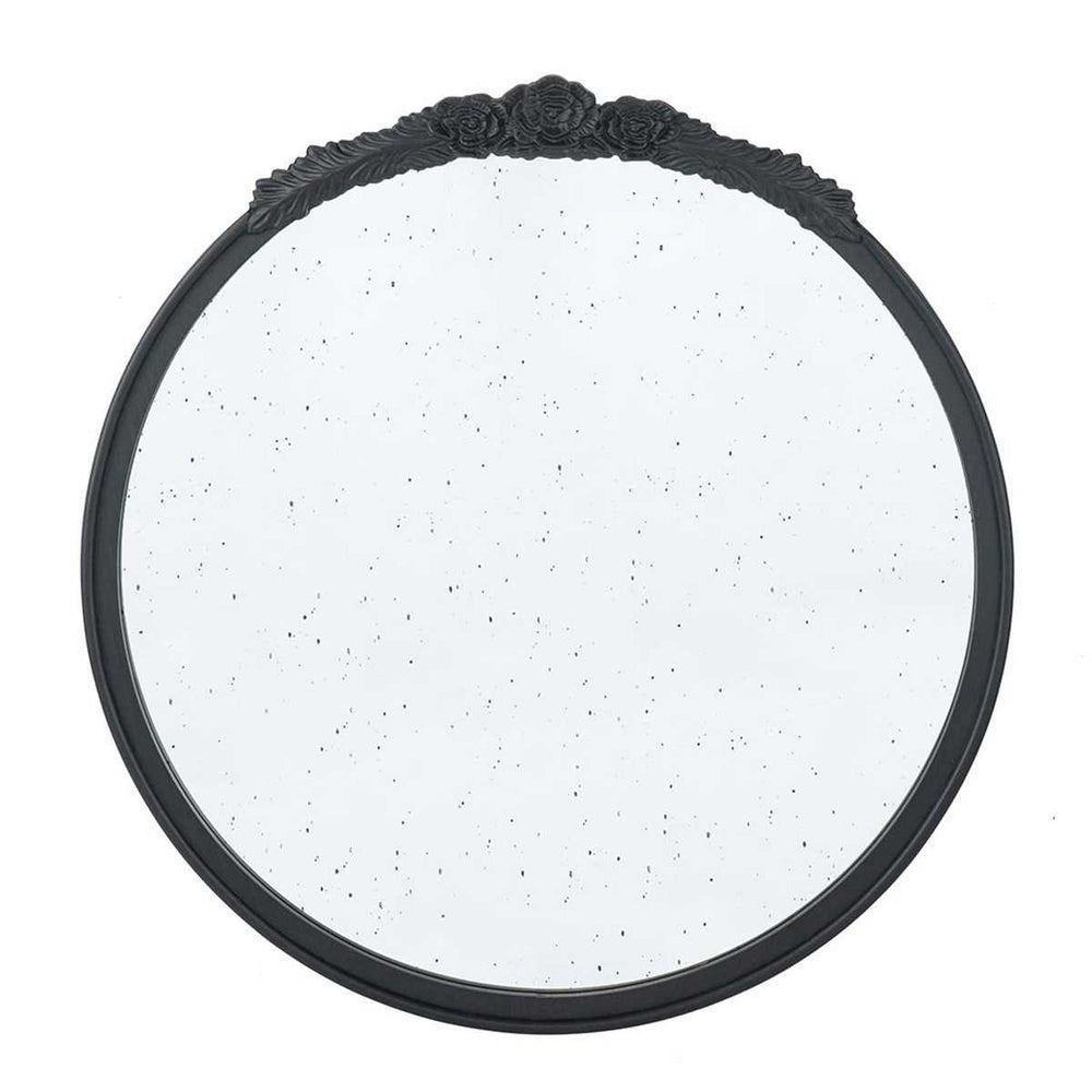 30" Black Crowned Top Antiqued Glass Round Framed Accent Mirror - Homeroots - Flyclothing LLC