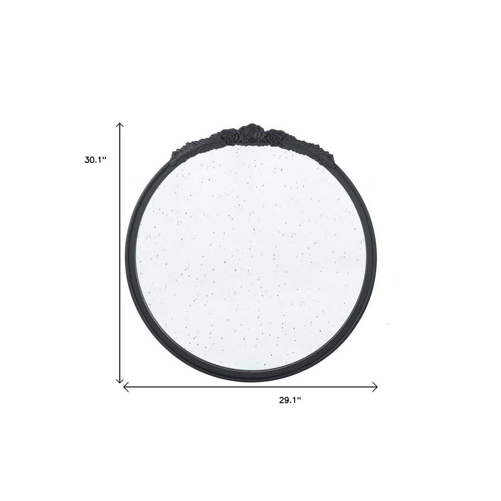 30" Black Crowned Top Antiqued Glass Round Framed Accent Mirror - Homeroots - Flyclothing LLC