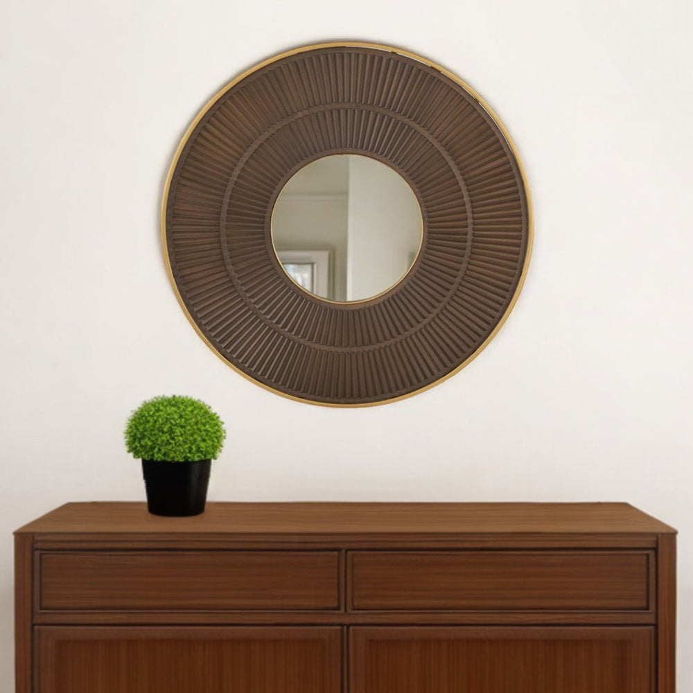 32" Brown and Gold Round Manufactured Wood and Metal Framed Accent Mirror - Homeroots - Flyclothing LLC