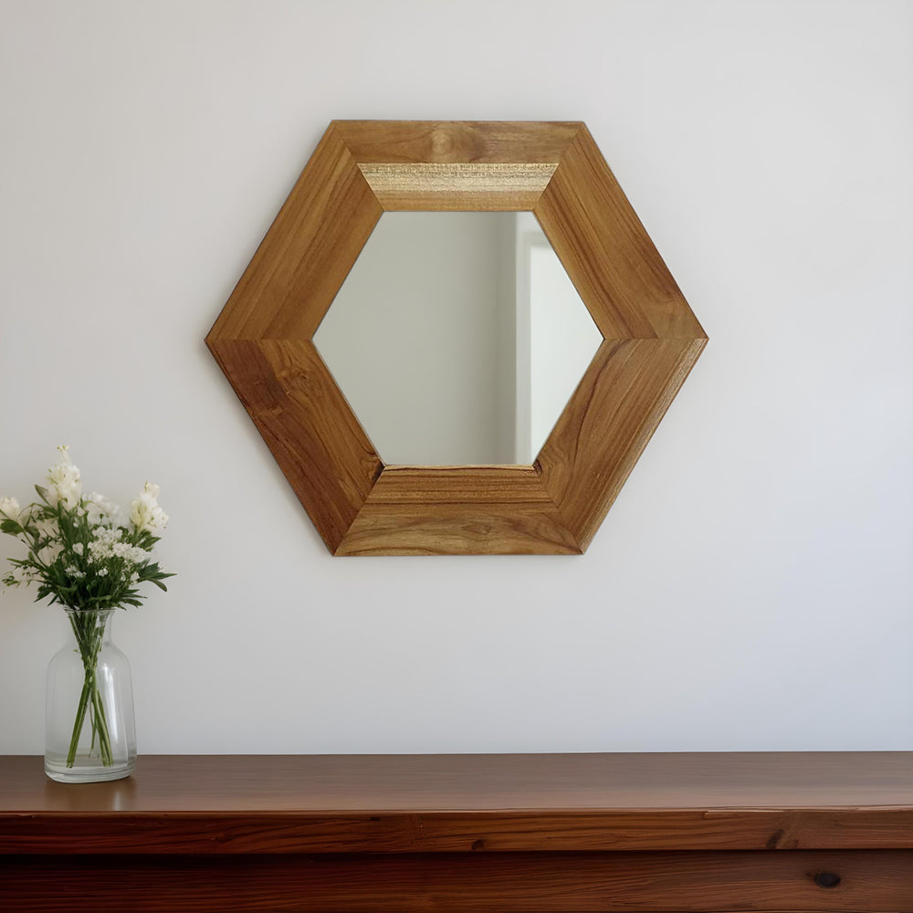19" Natural Hexagon Solid Wood Framed Accent Mirror - Homeroots - Flyclothing LLC