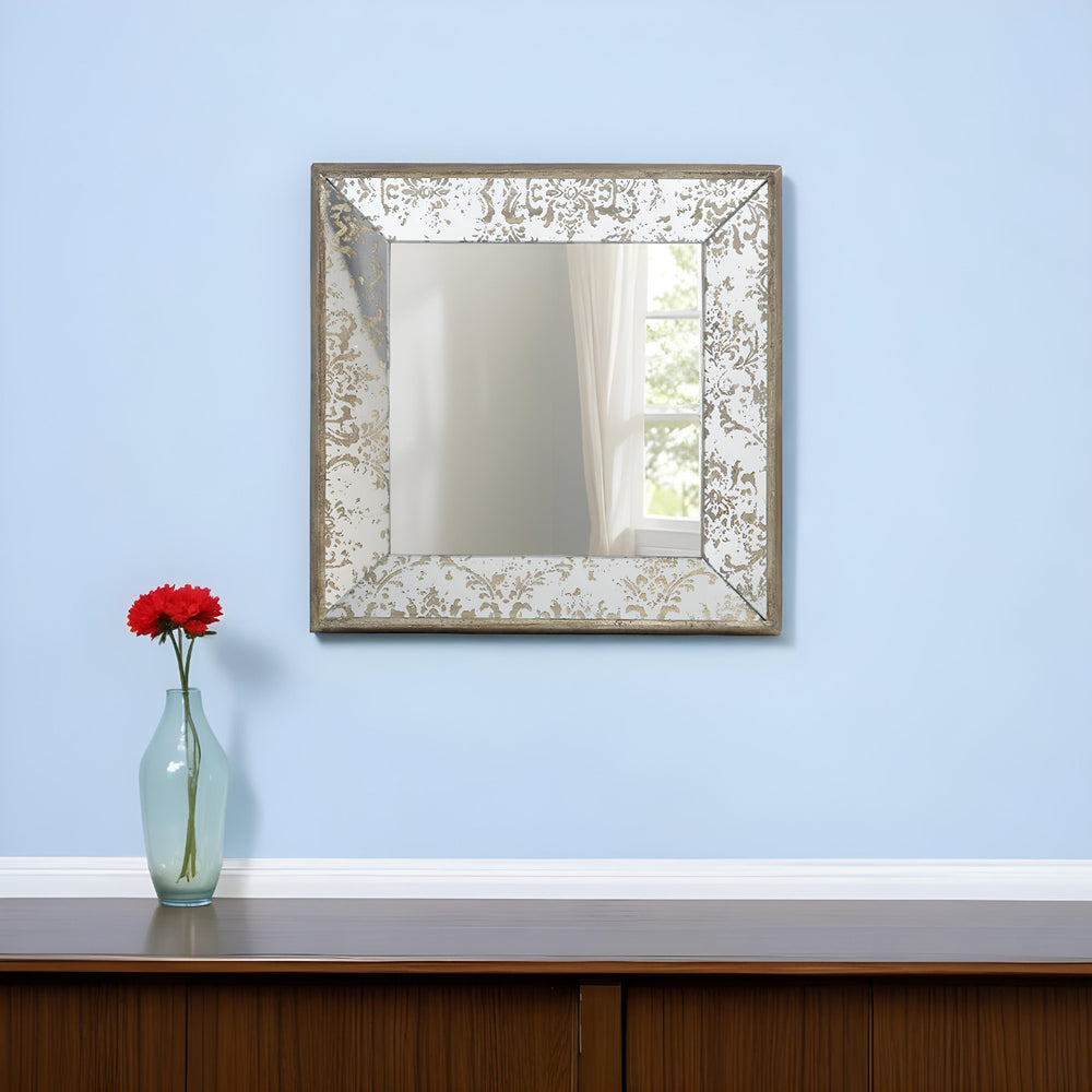 15" Brown Square Framed Antiqued Damask Accent Mirror - Homeroots - Flyclothing LLC
