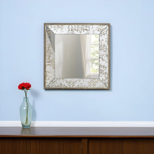 15" Brown Square Framed Antiqued Damask Accent Mirror