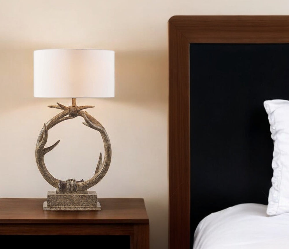 27" Brown Rustic Faux Antlers Table Lamp With White Drum Shade - Homeroots - Flyclothing LLC