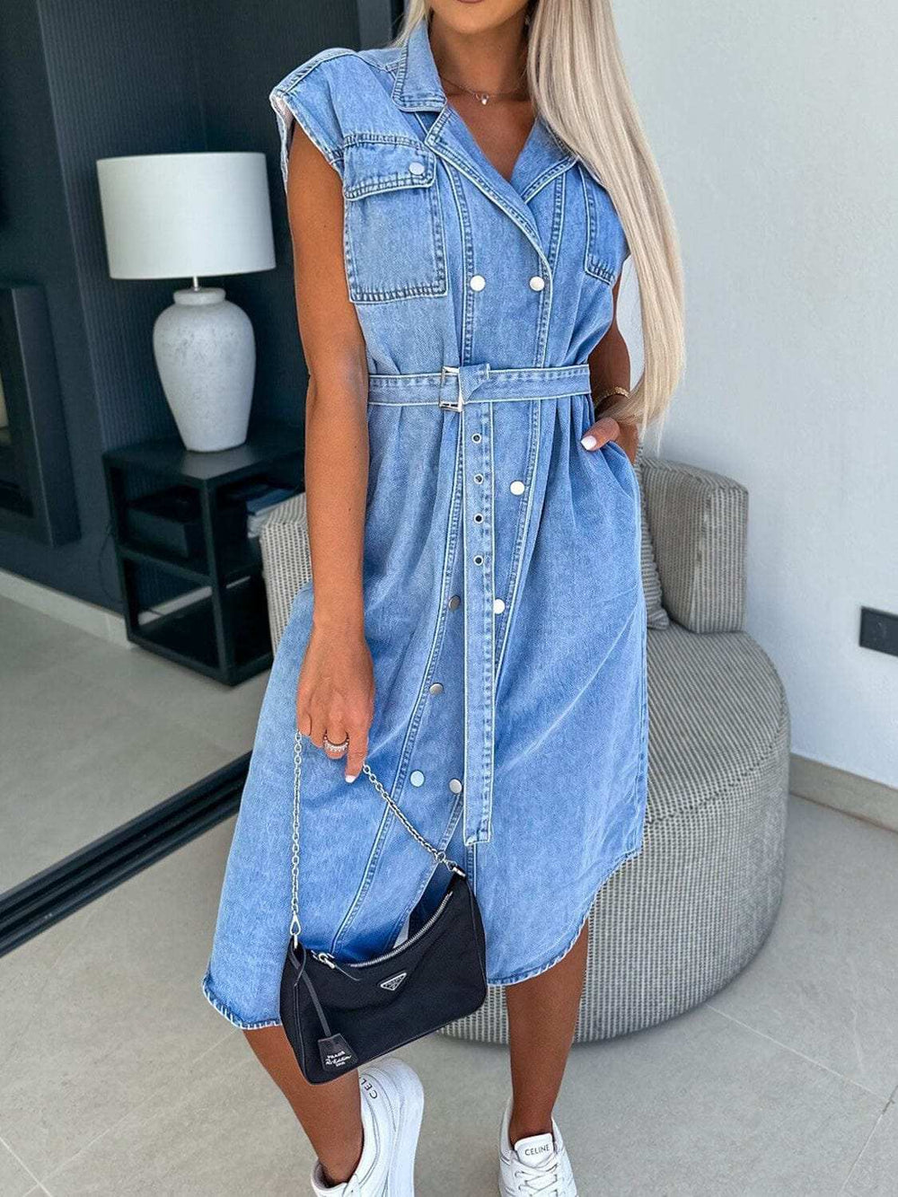 Collared Neck Cap Sleeve Denim Dress - Trendsi - Flyclothing LLC
