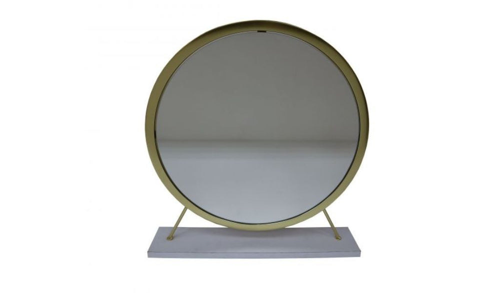 19" Faux Fur, Mirror, White & Brass Finish Round Makeup Shaving Tabletop Mirror - Homeroots - Flyclothing LLC