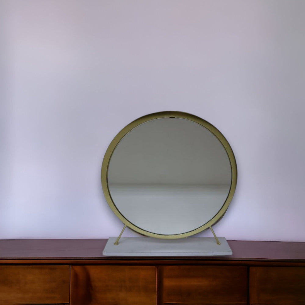 19" Faux Fur, Mirror, White & Brass Finish Round Makeup Shaving Tabletop Mirror - Homeroots - Flyclothing LLC
