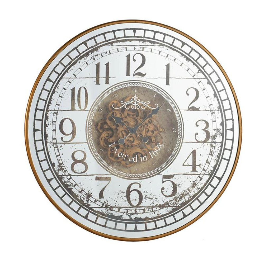 32" Circle Gold and Silver Metal and Mirror Analog Exposed Gear Wall Clock - Homeroots - Flyclothing LLC