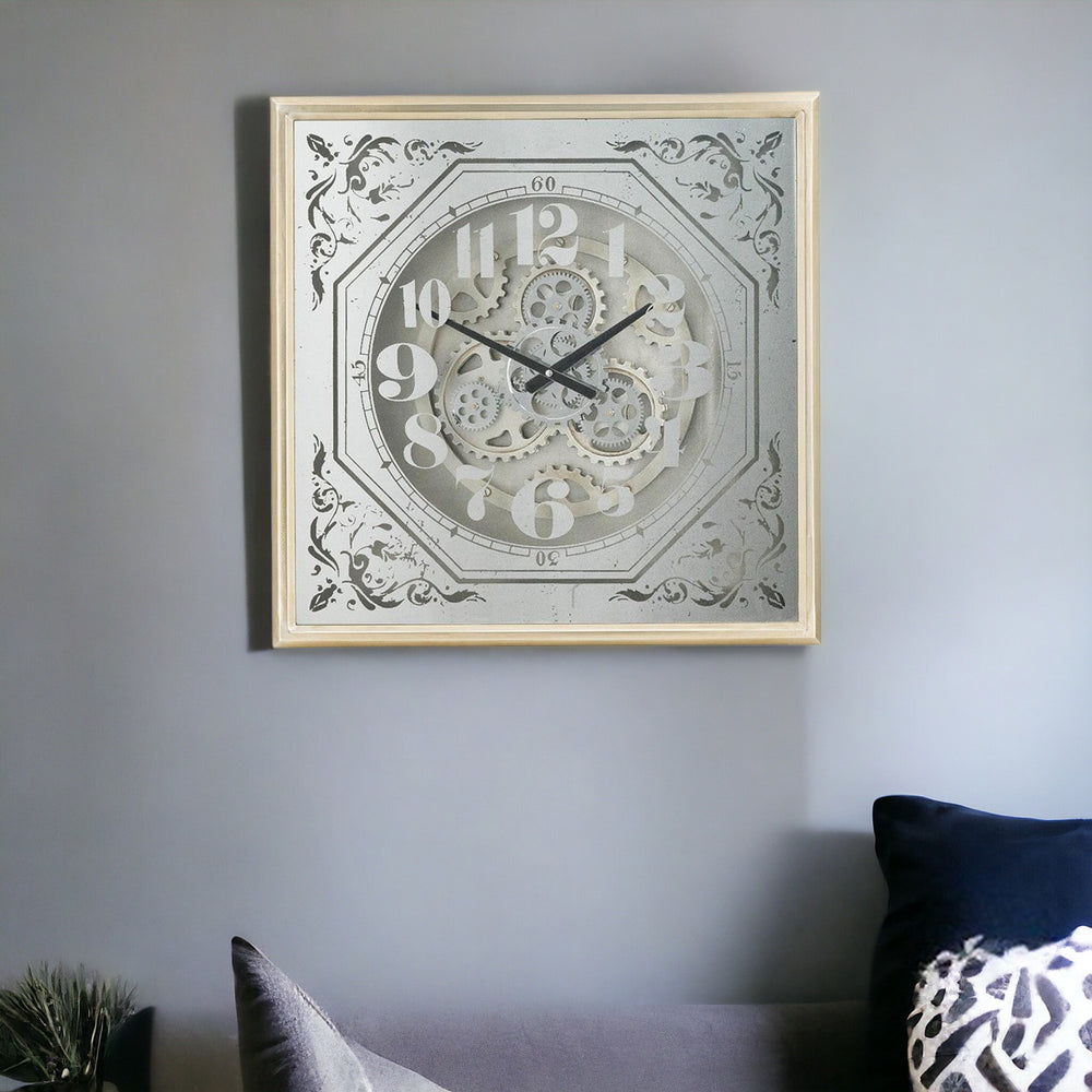 24" Square Gold and Silver Wood and Mirror Exposed Gear Wall Clock - Homeroots - Flyclothing LLC