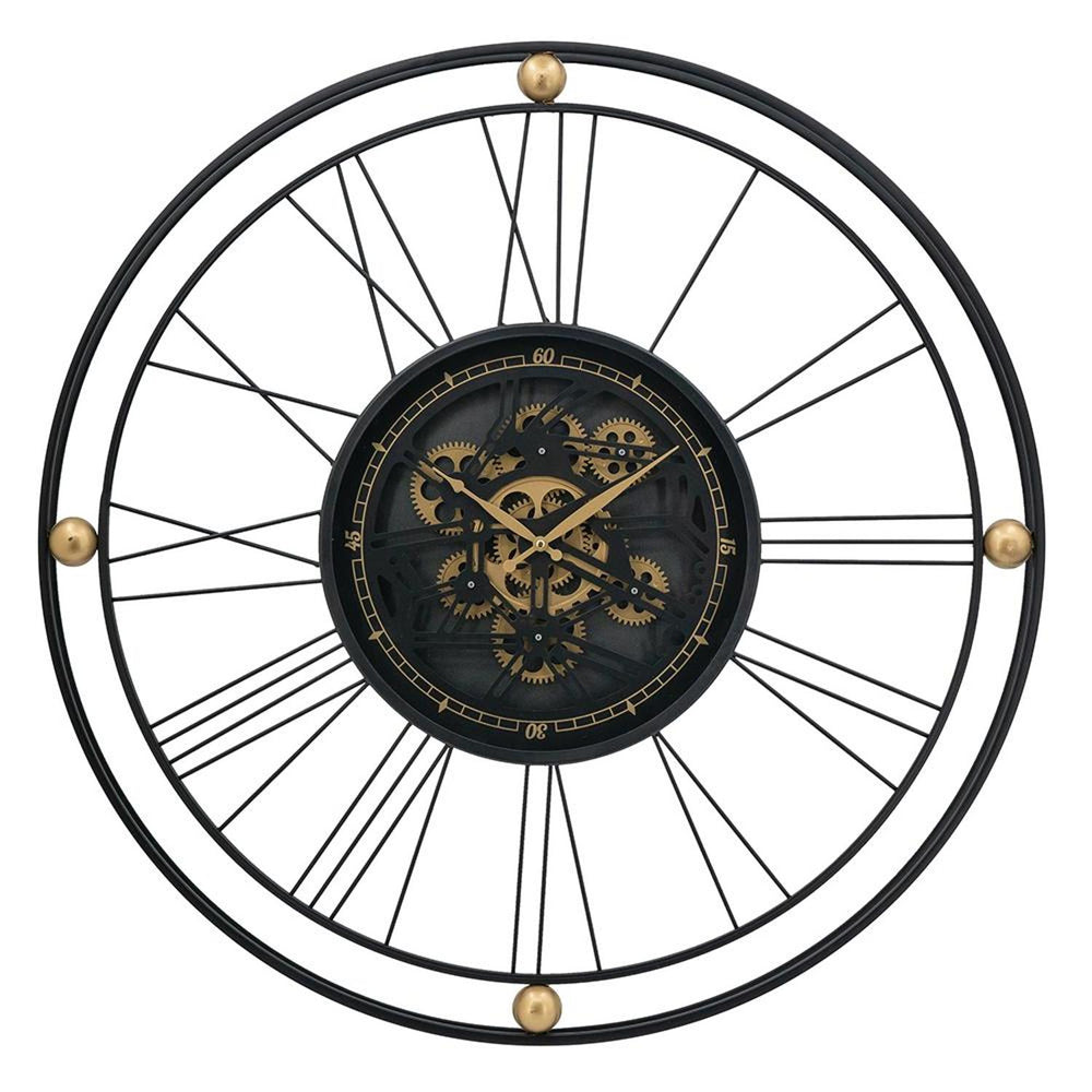 32" Circle Black and Gold Metal and Glass Analog Exposed Gear Wall Clock - Homeroots - Flyclothing LLC