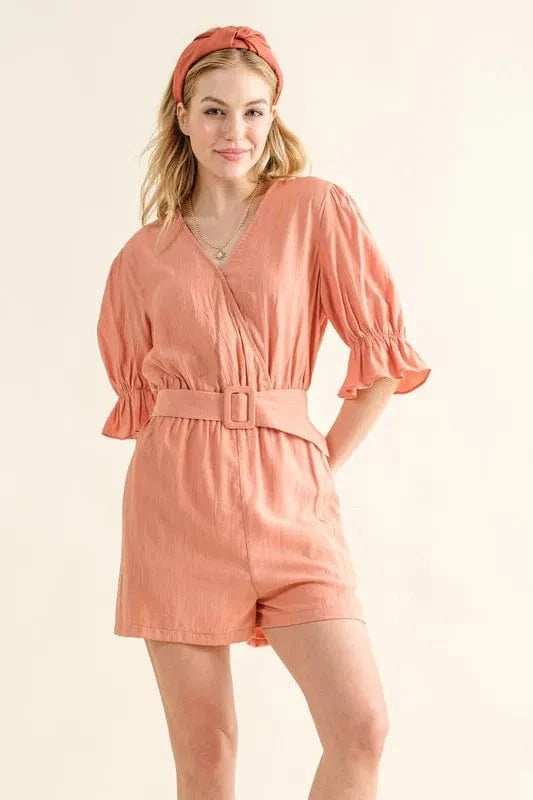 And The Why Flounce Sleeves Romper with Belt - Trendsi - Flyclothing LLC