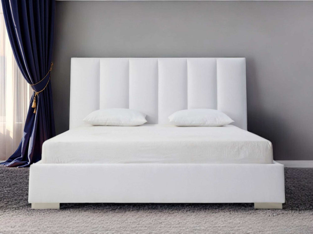 Queen White Upholstered Channel Tufted Velvet Bed Frame - Homeroots - Flyclothing LLC