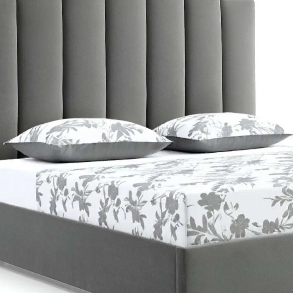 Queen Grey Upholstered Vertical Channel Velvet Bed with USB - Homeroots - Flyclothing LLC