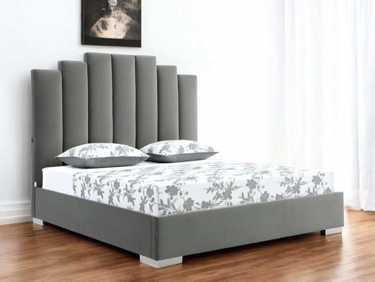 Queen Grey Upholstered Vertical Channel Velvet Bed with USB - Homeroots - Flyclothing LLC