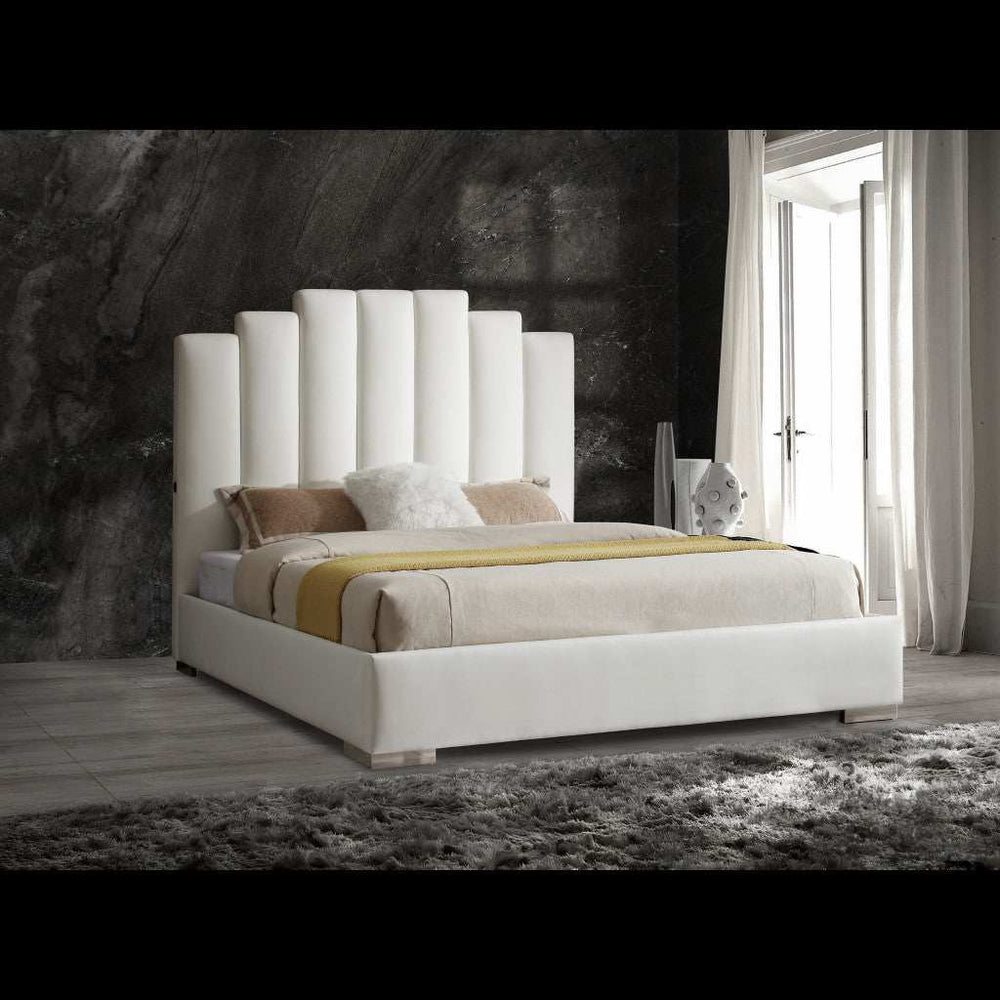 Queen White Vertical Channel Faux Leather Bed with USB - Homeroots - Flyclothing LLC