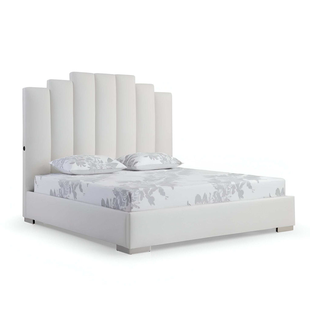 Queen White Vertical Channel Faux Leather Bed with USB - Homeroots - Flyclothing LLC