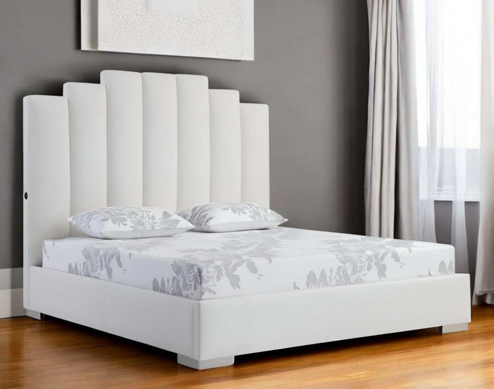 Queen White Vertical Channel Faux Leather Bed with USB - Homeroots - Flyclothing LLC