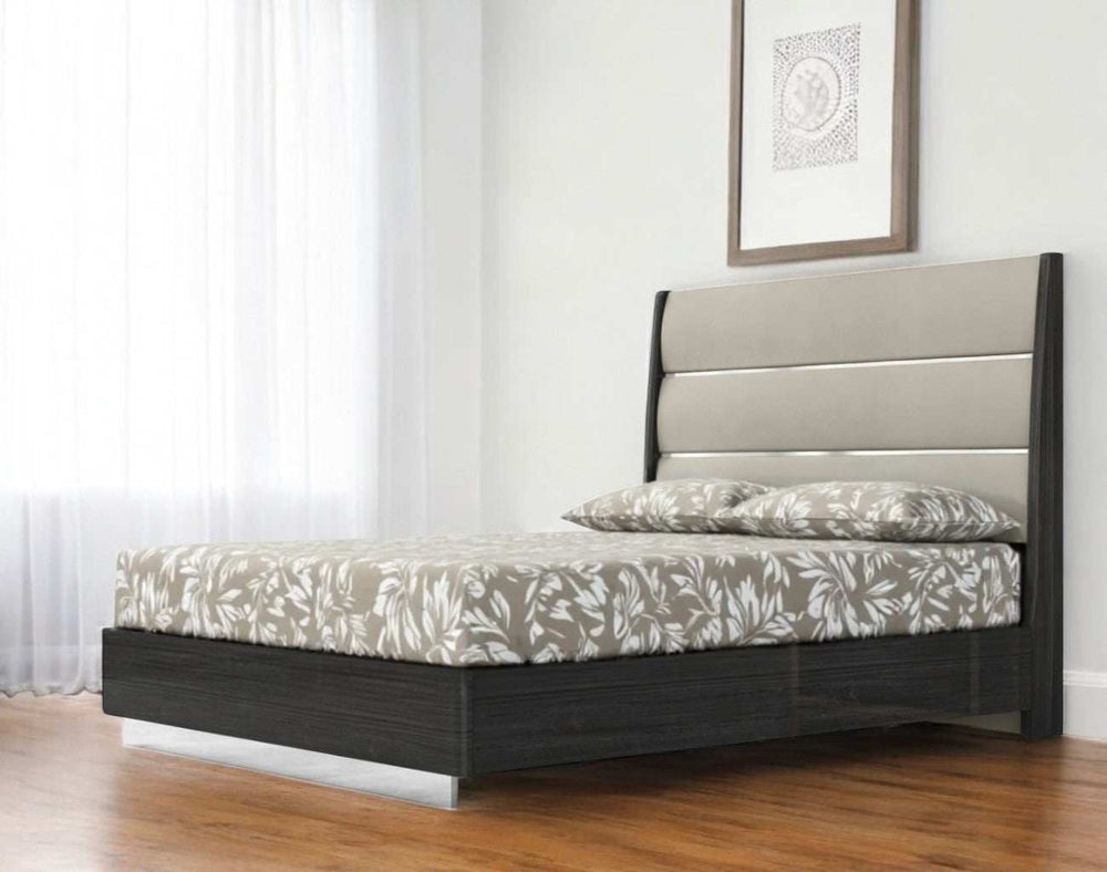 Queen Dark Grey High Gloss Bed Frame with Faux Leather Headboard - Homeroots - Flyclothing LLC