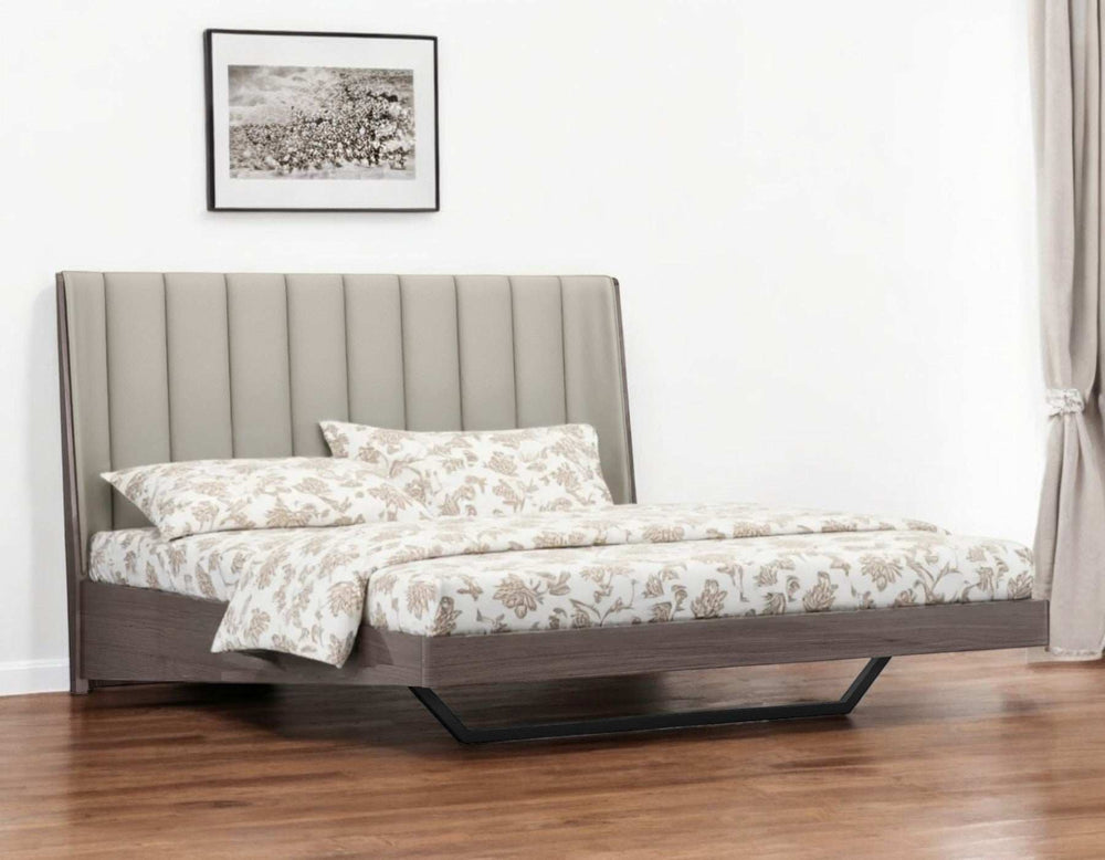 King Grey Upholstered Faux Leather and Ivory Gloss Bed Frame - Homeroots - Flyclothing LLC