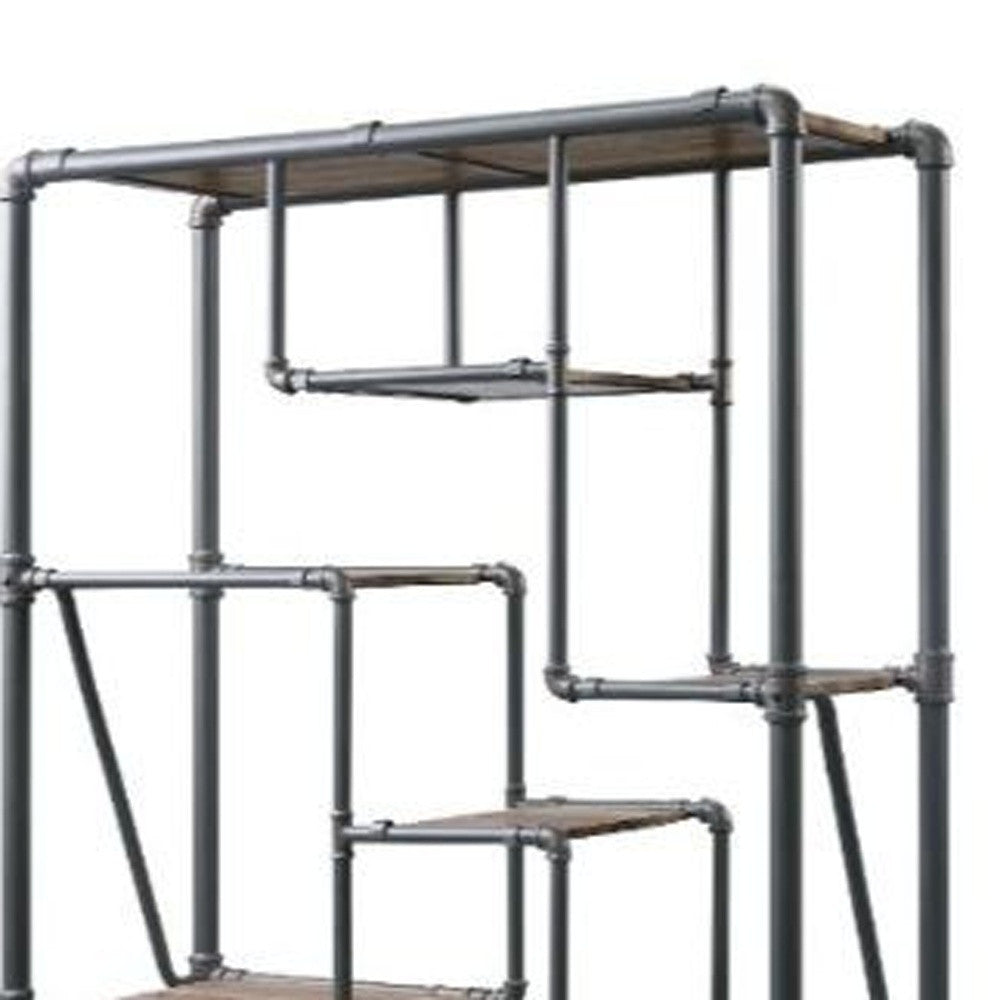 75" Antique Oak And Gray Metal Eight Tier Industrial Bookcase - Homeroots - Flyclothing LLC