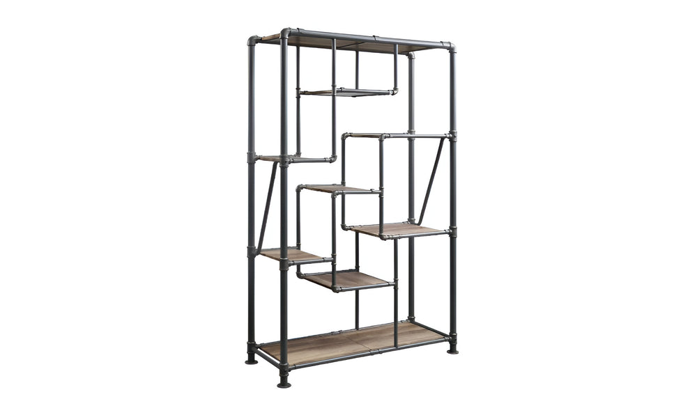 75" Antique Oak And Gray Metal Eight Tier Industrial Bookcase - Homeroots - Flyclothing LLC