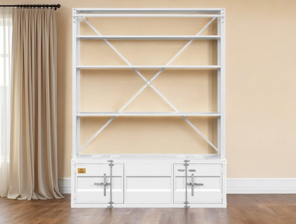 83" White Four Tier Cargo Style Bookcase with Cabinets and Ladder - Homeroots - Flyclothing LLC