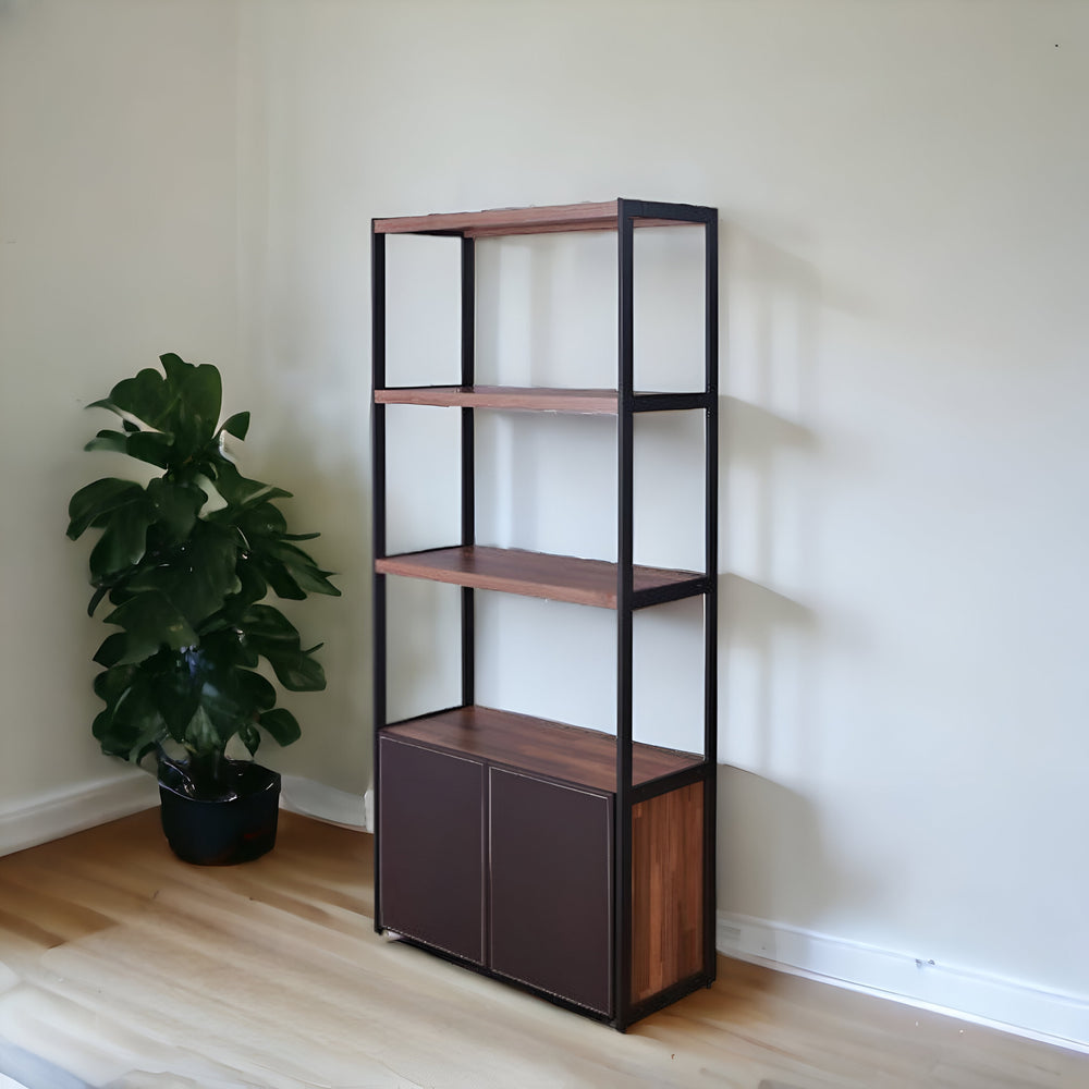 70" Brown and Black Metal Three Tier Bookcase with Two doors - Homeroots - Flyclothing LLC