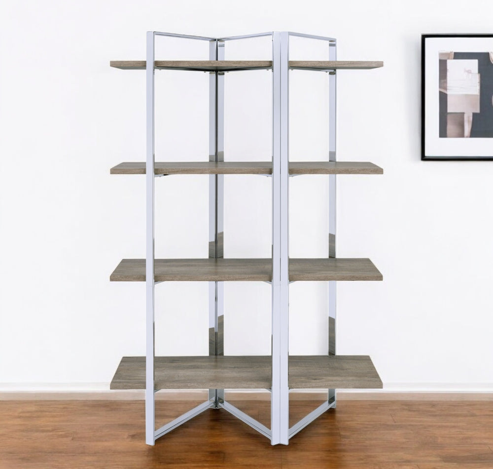 72" Brown and Silver Metal Four Tier Etagere Bookcase - Homeroots - Flyclothing LLC