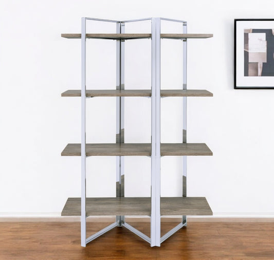 72" Natural And Silver Metal and Wood Four Tier Etagere Bookcase