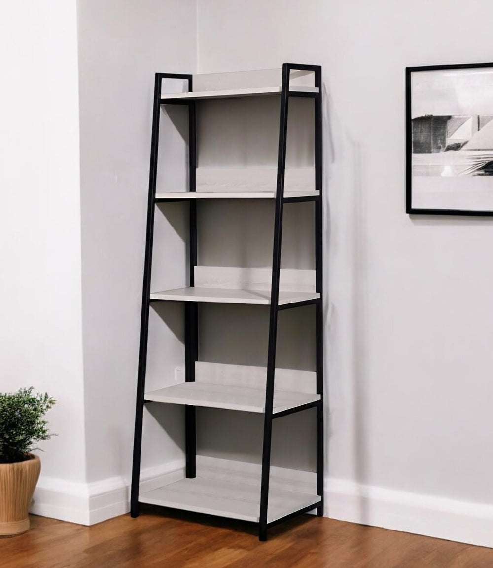 67" Natural and Black Metal Five Tier Ladder Bookcase - Homeroots - Flyclothing LLC