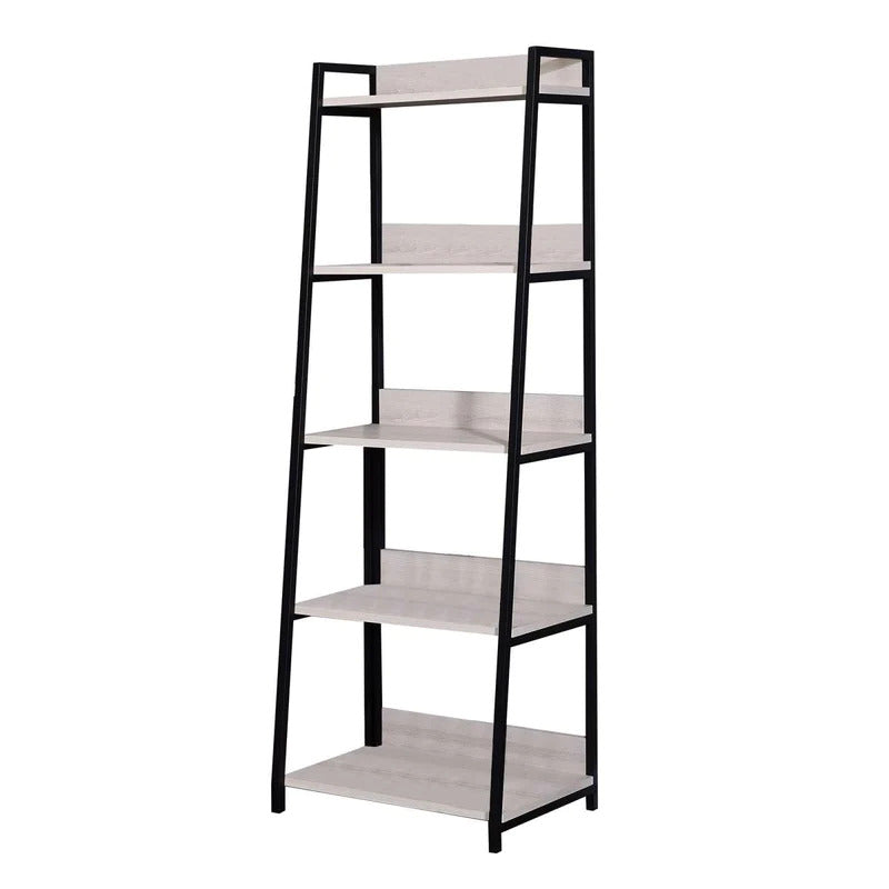 67" Natural and Black Metal Five Tier Ladder Bookcase - Homeroots - Flyclothing LLC