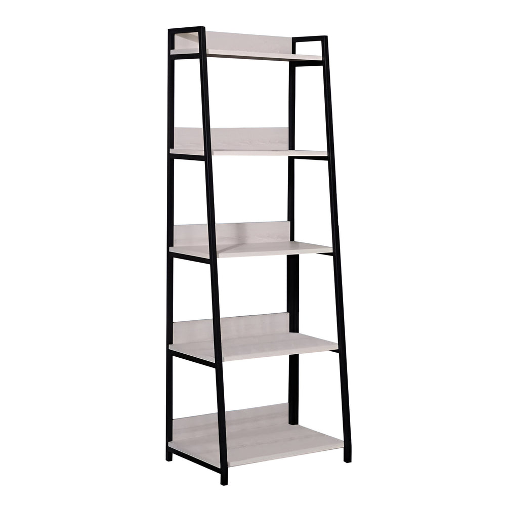 67" Natural and Black Metal Five Tier Ladder Bookcase - Homeroots - Flyclothing LLC