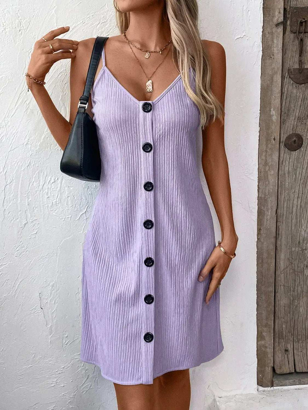 Textured V-Neck Sleeveless Mini Cami Dress - Trendsi - Flyclothing LLC