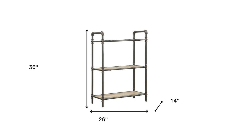 36" Antique Oak and Sandy Gray Metal Three Tier Standard Bookcase - Homeroots - Flyclothing LLC