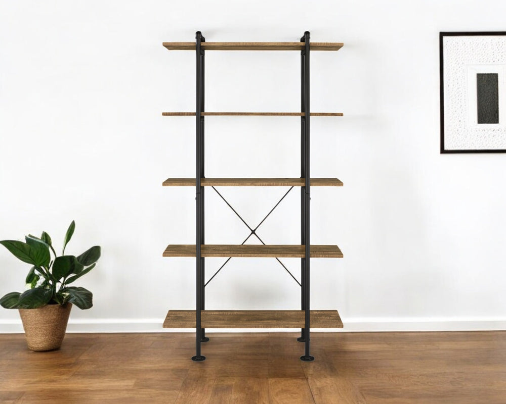 73" Brown and Black Metal Five Tier Etagere Bookcase - Homeroots - Flyclothing LLC