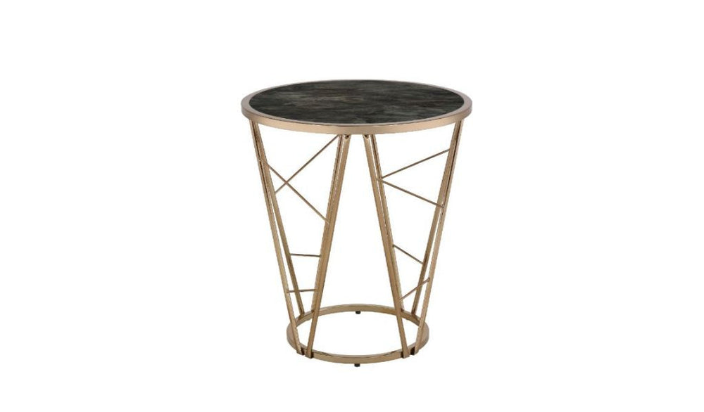 24" Champagne And Black Faux Marble Glass And Metal Round End Table - Homeroots