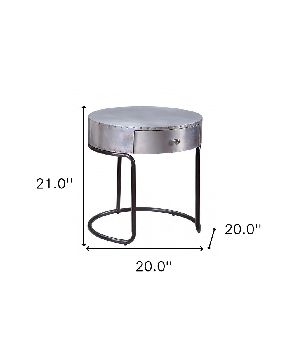 21" Aluminum And Manufactured Wood Round End Table With Drawer - Homeroots - Flyclothing LLC