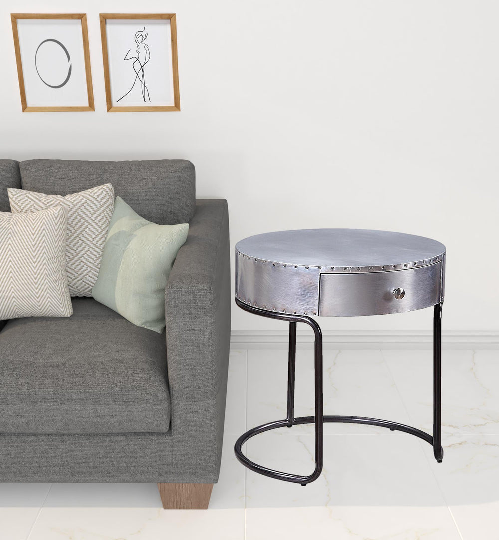 21" Aluminum And Manufactured Wood Round End Table With Drawer - Homeroots - Flyclothing LLC