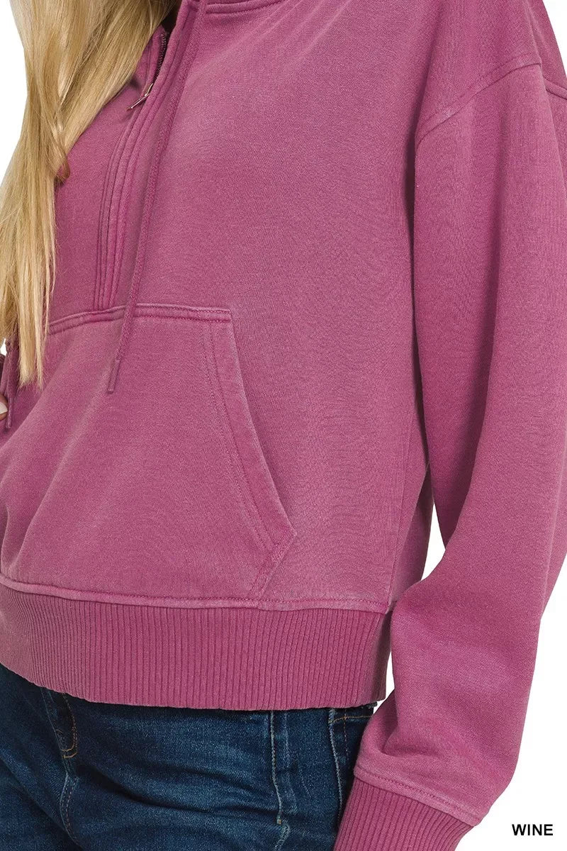 Zenana Fleece Pigment Dye Half Zip Kangaroo Pocket Hoodie - Trendsi - Flyclothing LLC