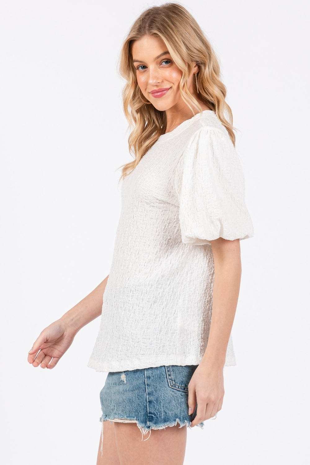 Ces Femme Textured Puff Sleeve Top - Trendsi - Flyclothing LLC
