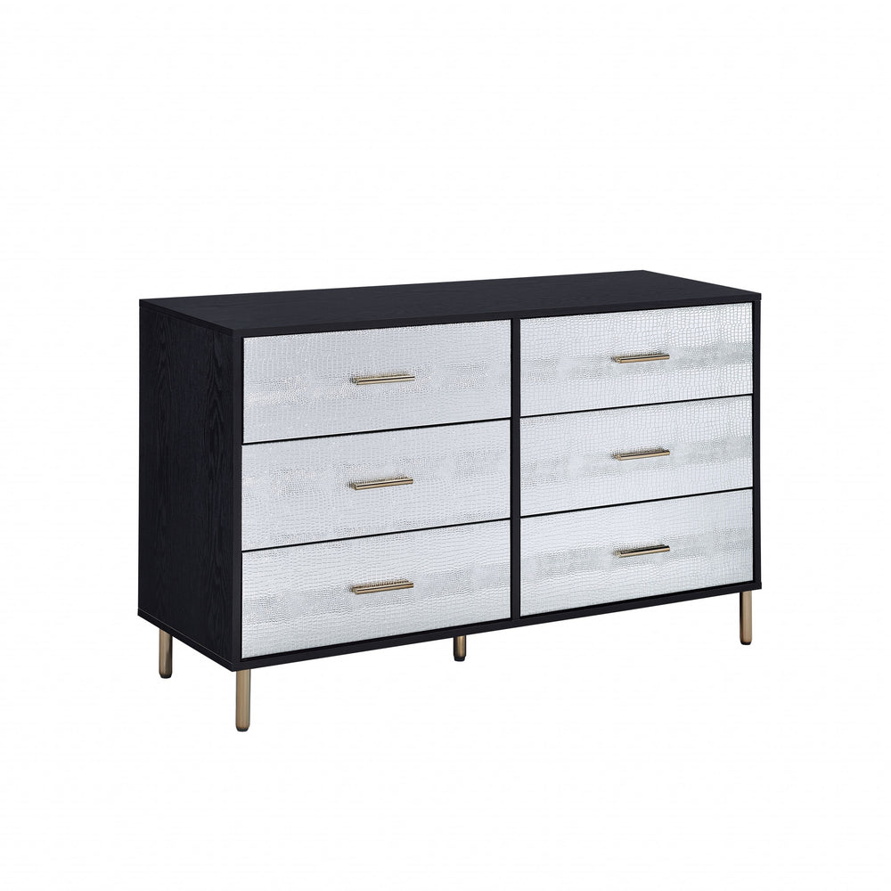 47" Black Silver and Gold Faux Croc Design Six Drawer Double Dresser - Homeroots - Flyclothing LLC