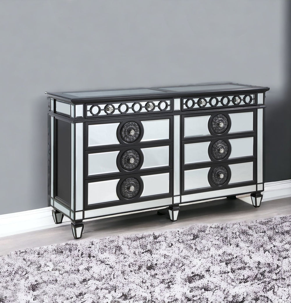 68" Black and Silver Solid and Manufactured Wood Mirrored Eight Drawer Double Dresser - Homeroots - Flyclothing LLC