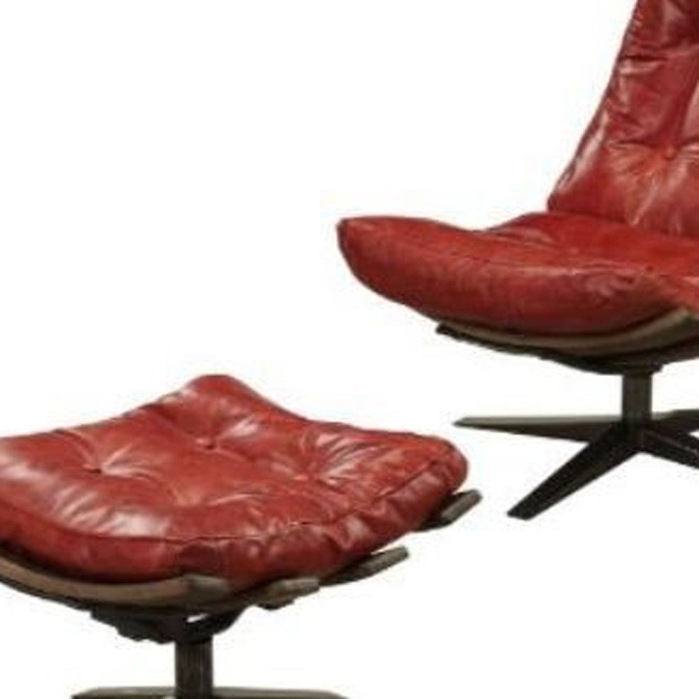 27" Red And Brown Top Grain Leather Tufted Swivel Lounge Chair With Ottoman - Homeroots