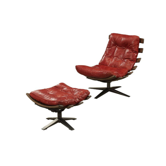 27" Red And Brown Top Grain Leather Tufted Swivel Lounge Chair With Ottoman - Homeroots