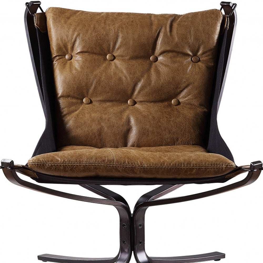 30" Coffee Top Grain Leather And Steel Solid Color Lounge Chair - Homeroots