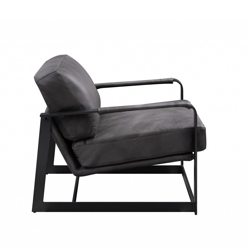 28" Gray Black Top Grain Leather And Steel Solid Color Arm Chair - Homeroots