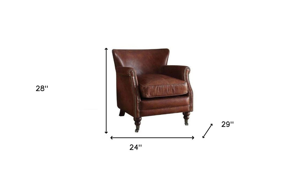 24" Dark Brown Top Grain Leather Wingback Chair - Homeroots