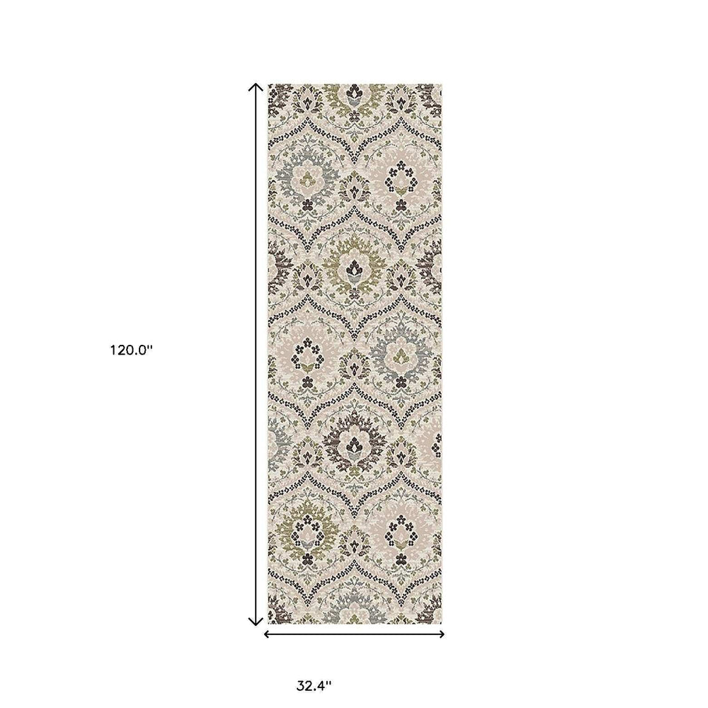 10' Beige Ivory And Brown Floral Stain Resistant Runner Rug - Homeroots - Flyclothing LLC