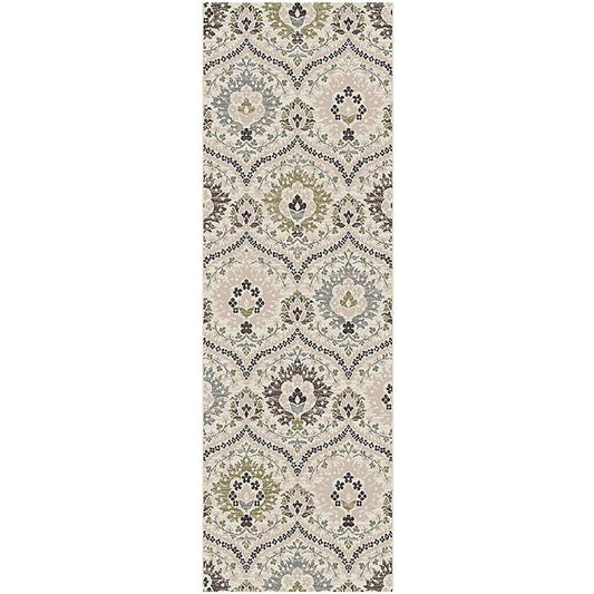 12' Ivory Gray And Olive Floral Stain Resistant Runner Rug - Homeroots - Flyclothing LLC