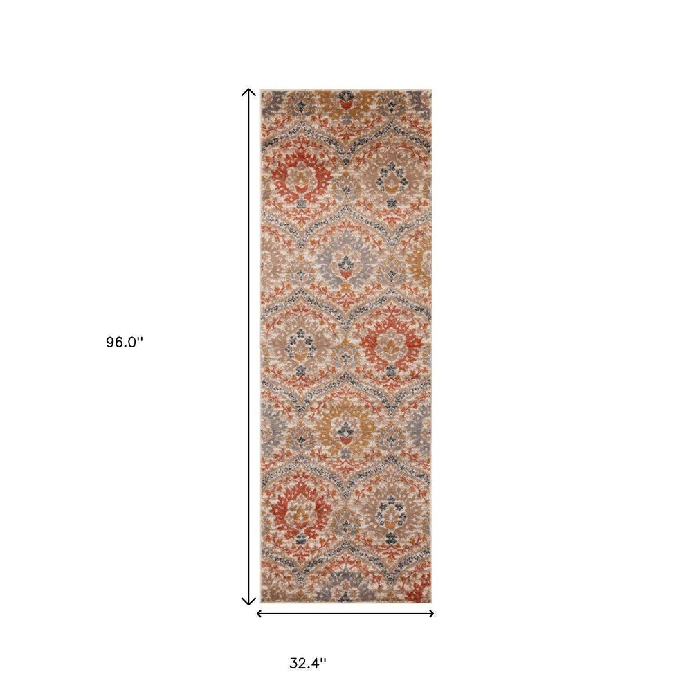8' Ivory Orange And Gray Floral Stain Resistant Runner Rug - Homeroots - Flyclothing LLC